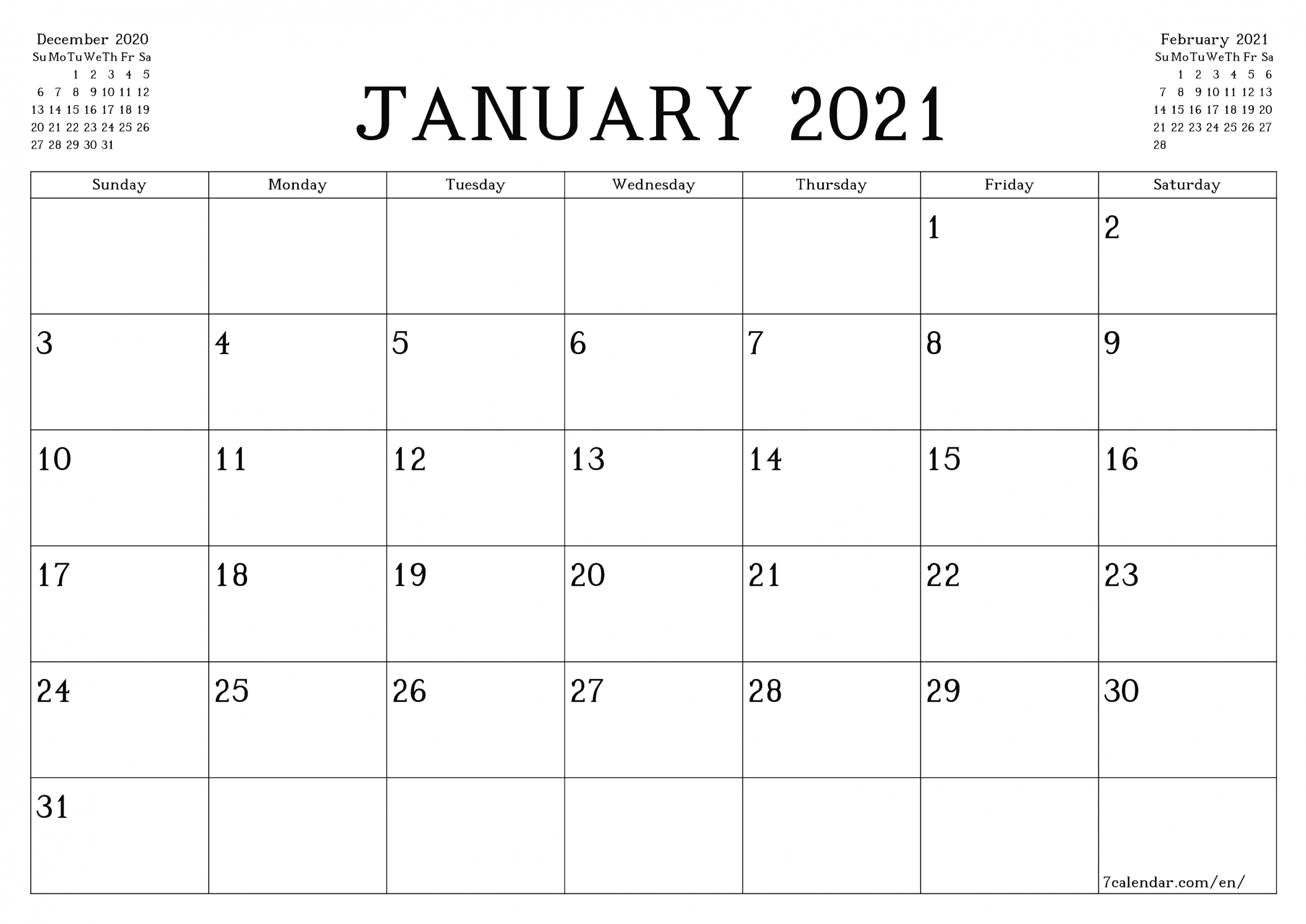 free january 2021 calendar printable monthly template