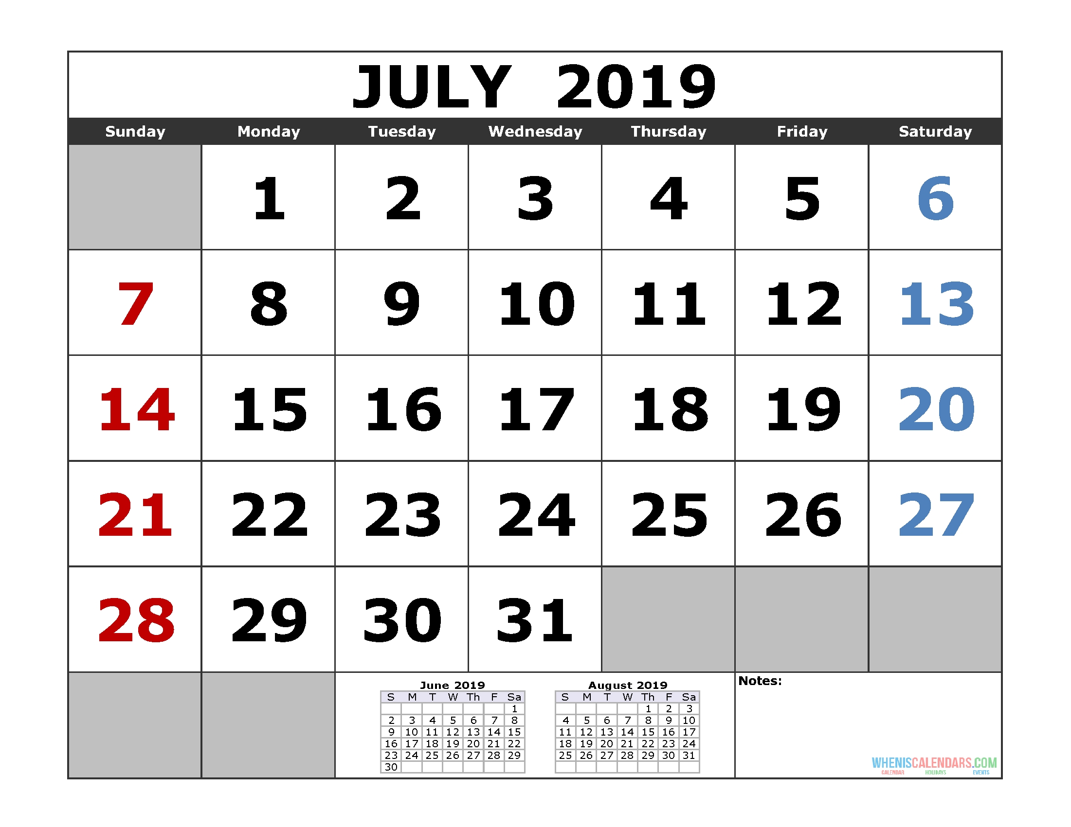 Free July 2019 Printable Calendar Templates [us Edition