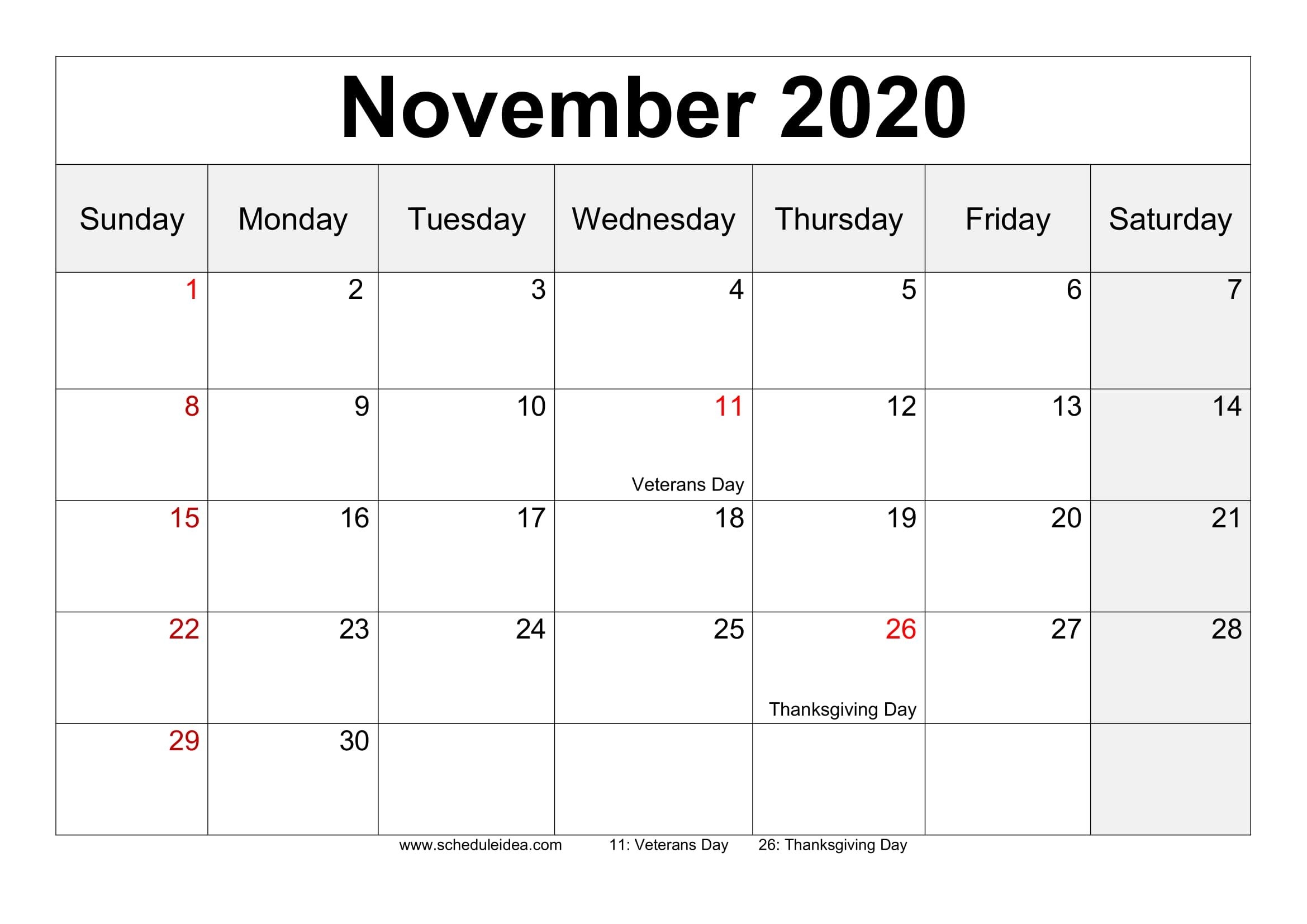 Free November 2020 Calendar Printable (pdf, Word