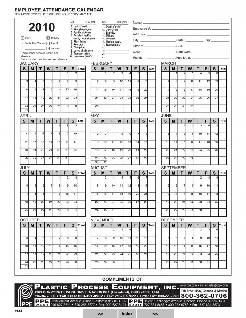 Free Printable 2021 Employee Attendance Calendar | 2021