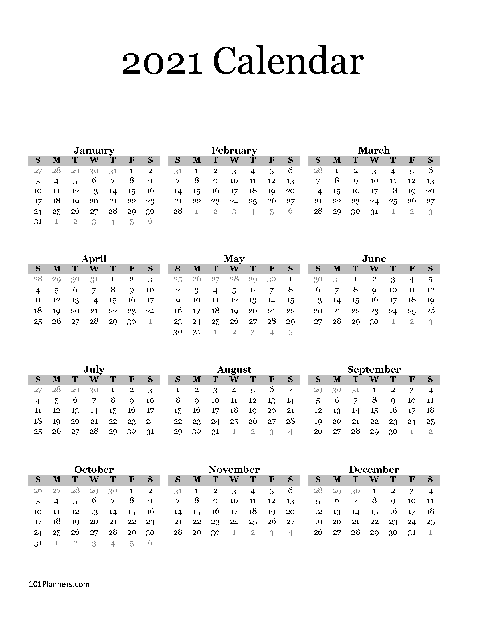 free printable 2021 yearly calendar at a glance 101