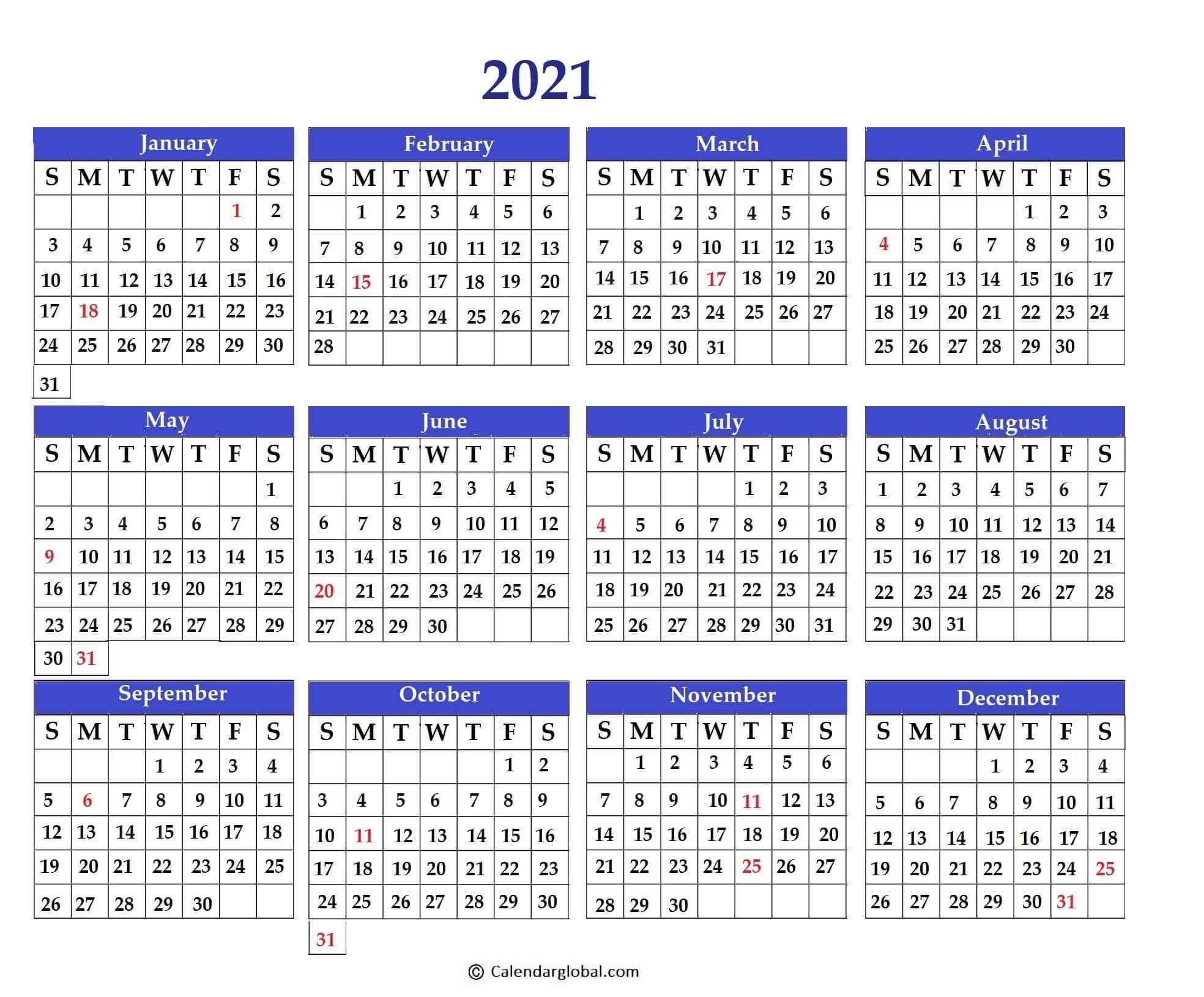 Free Printable 2021 Yearly One Page Calendar Calendarglobal