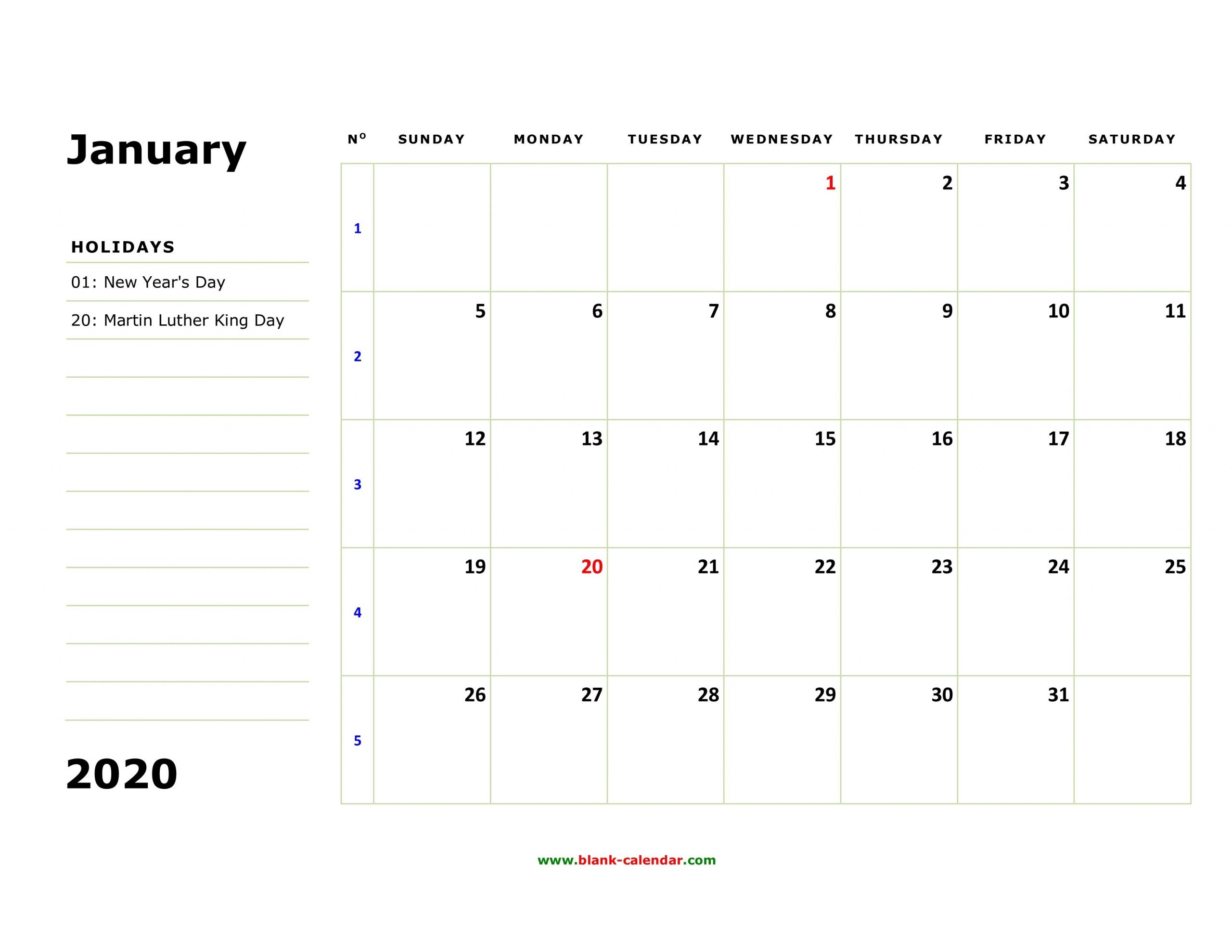 free printable calendar with large boxes 2020 | calendar