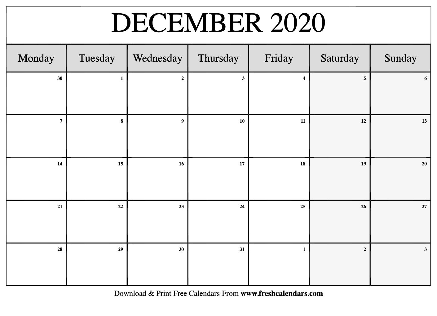 free printable december 2020 calendars