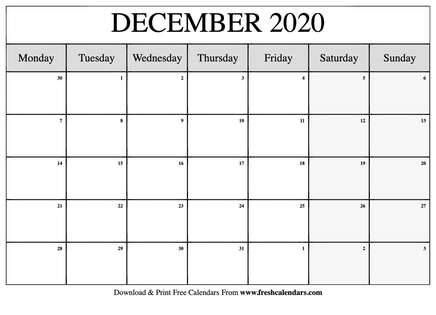 Free Printable December 2020 Calendars