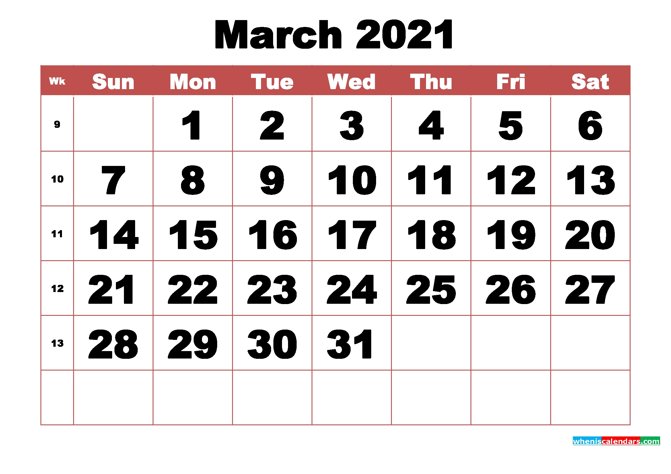 Free Printable March 2021 Calendar With Week Numbers
