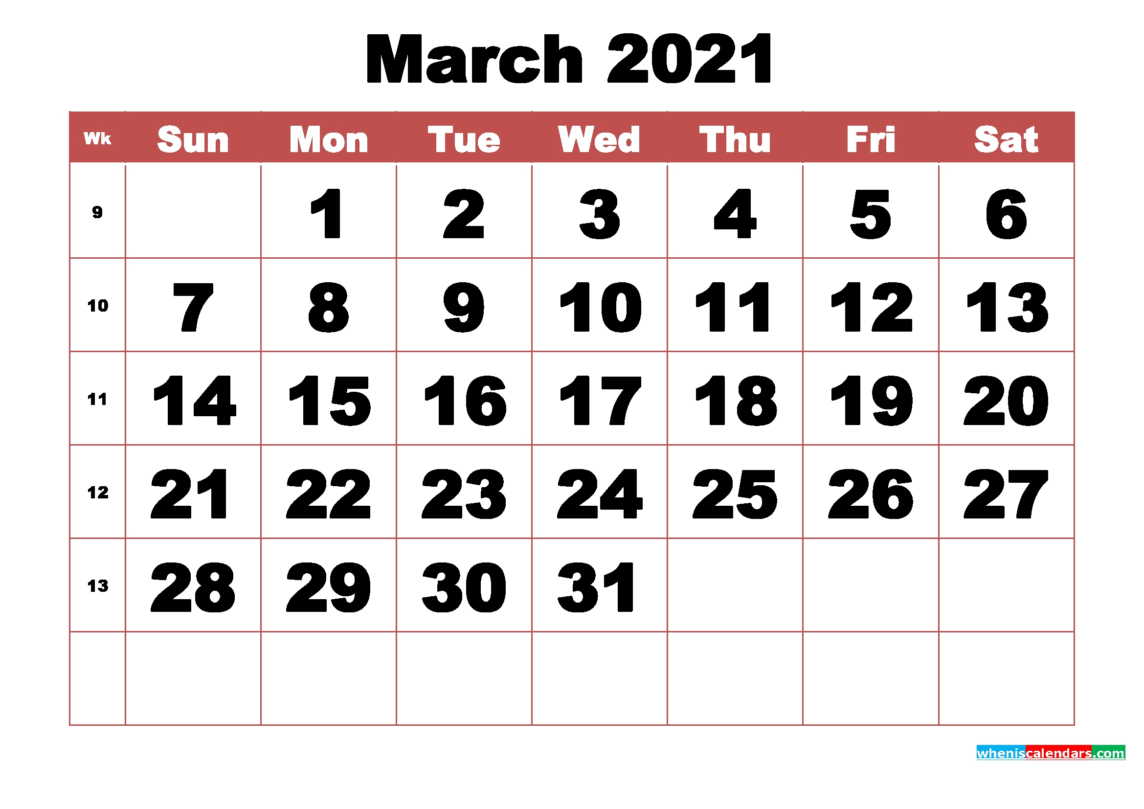 free printable march 2021 calendar with week numbers