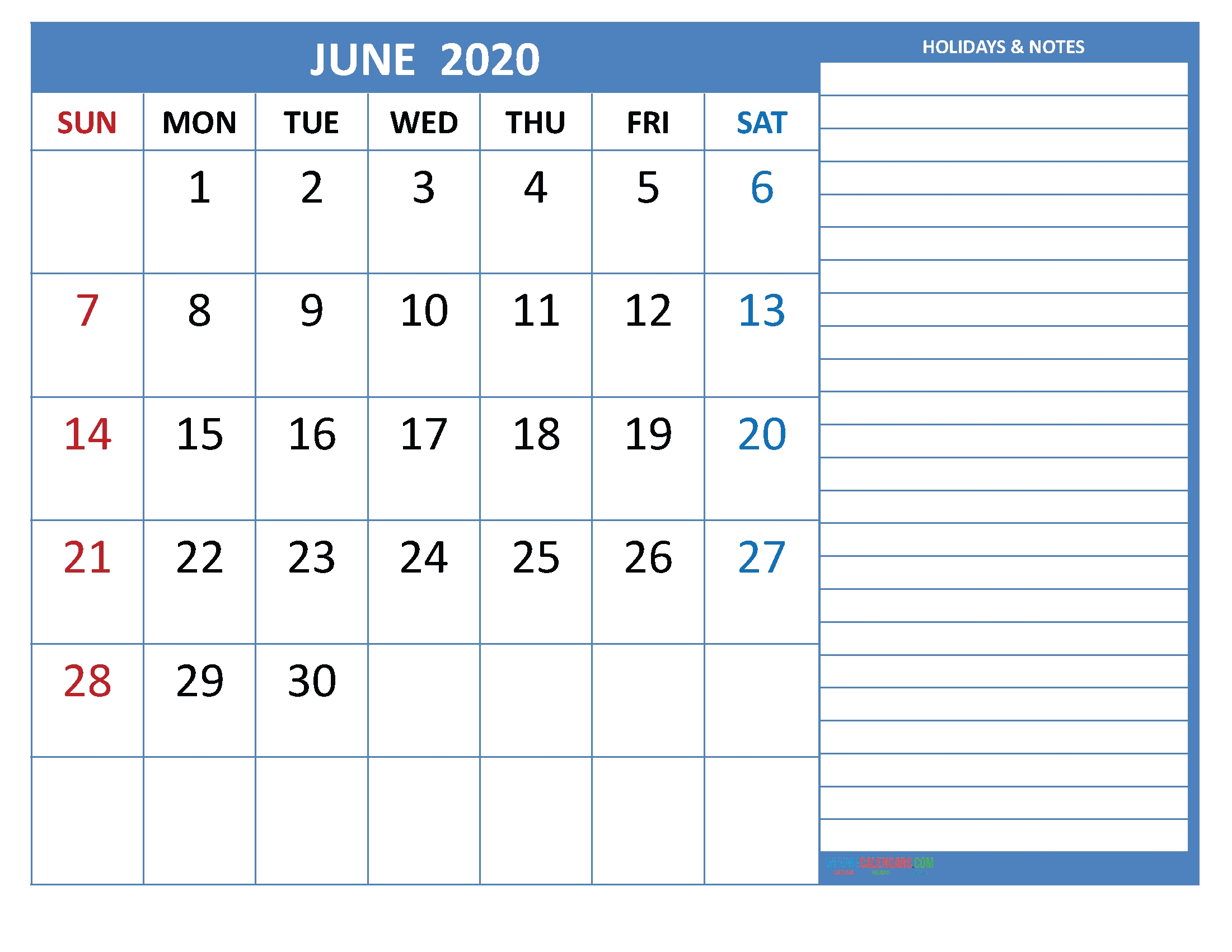 Free Printable Monthly 2020 Calendar With Holidays June