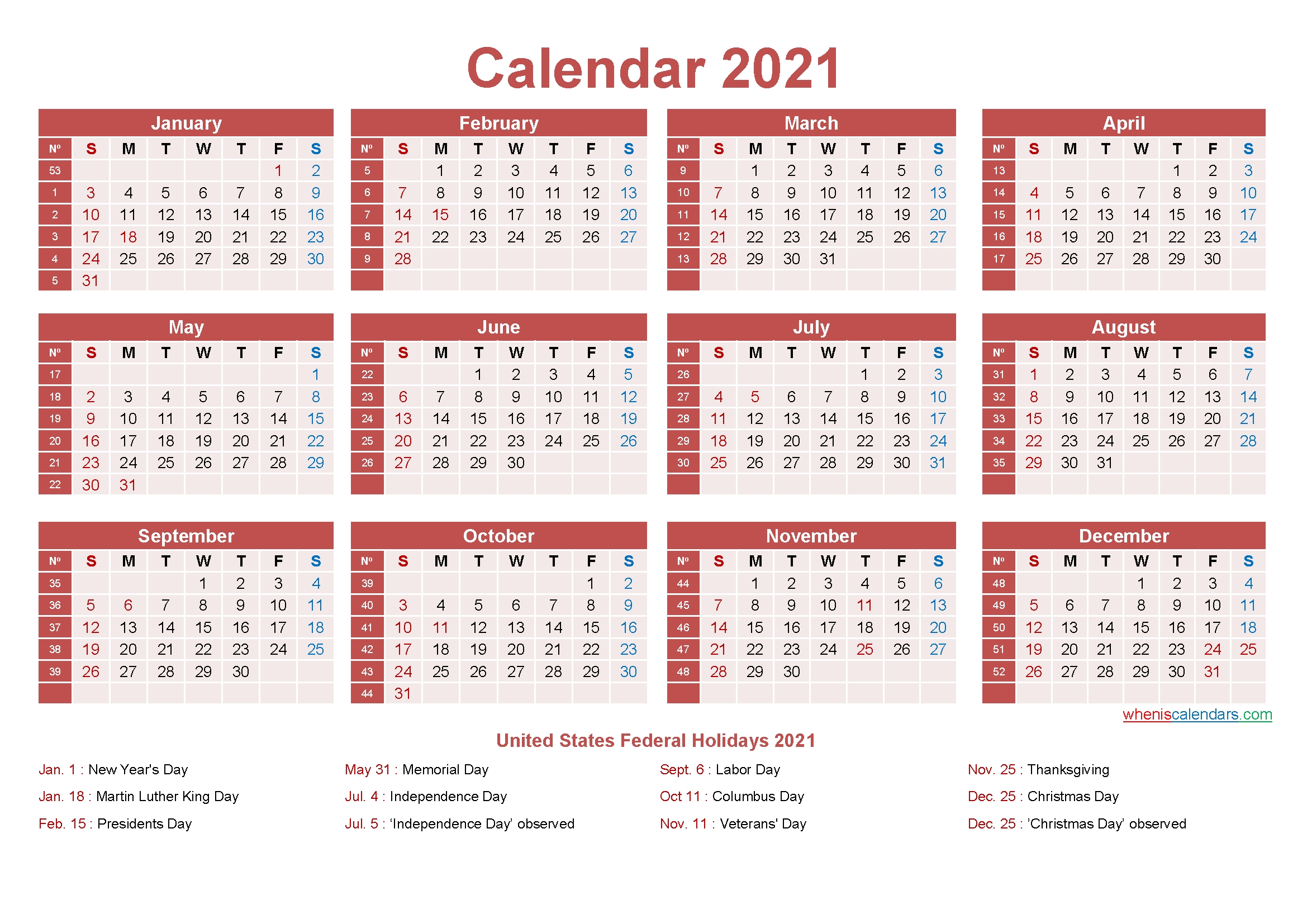 Free Yearly 2021 Calendar With Holidays Word, Pdf