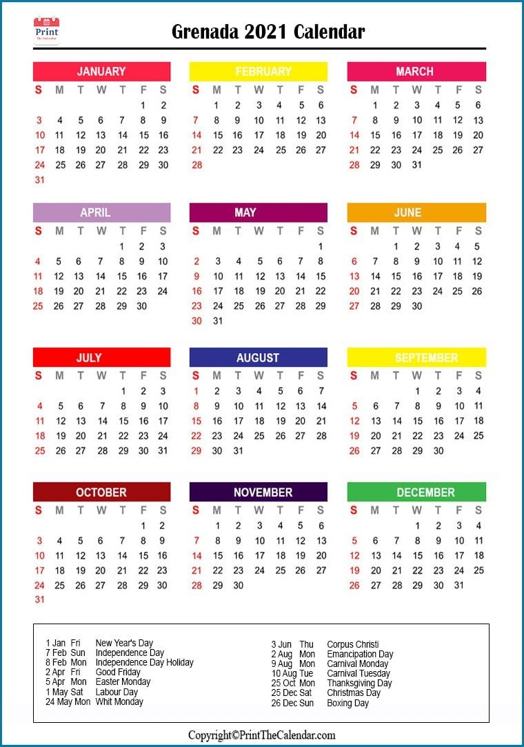 Grenada Holidays 2021 [2021 Calendar With Grenada Holidays]