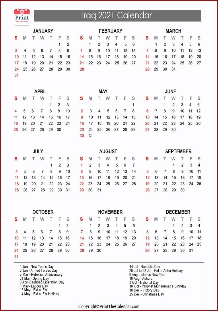 Iraq Holidays 2021 [2021 Calendar With Iraq Holidays]