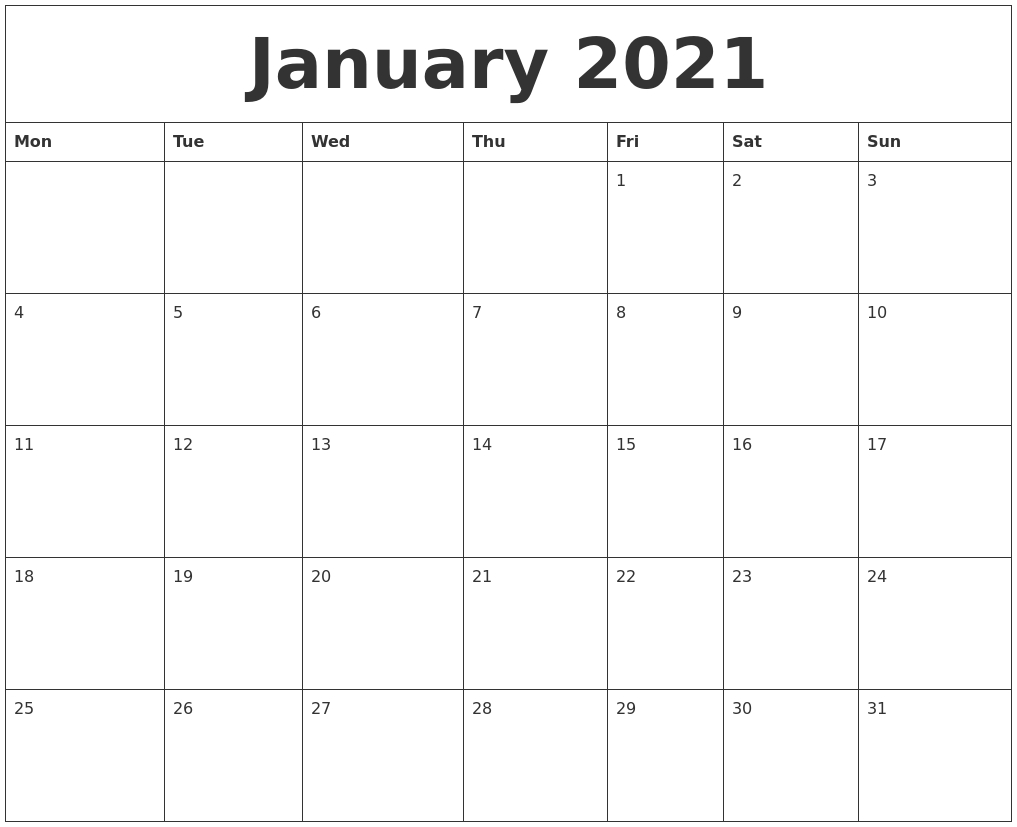 January 2021 Calendar Print Out