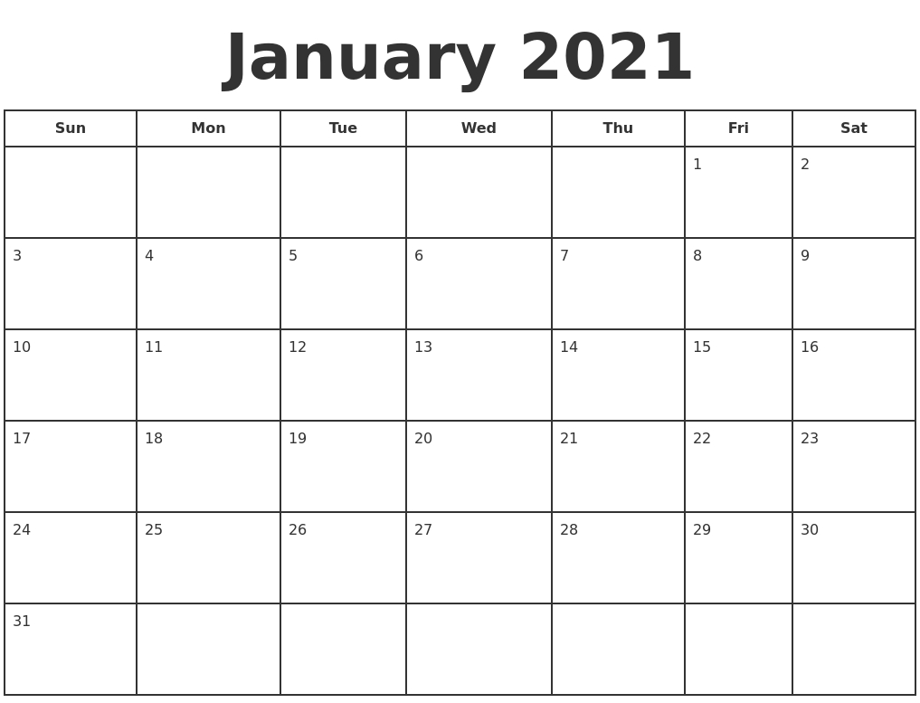 january 2021 print a calendar