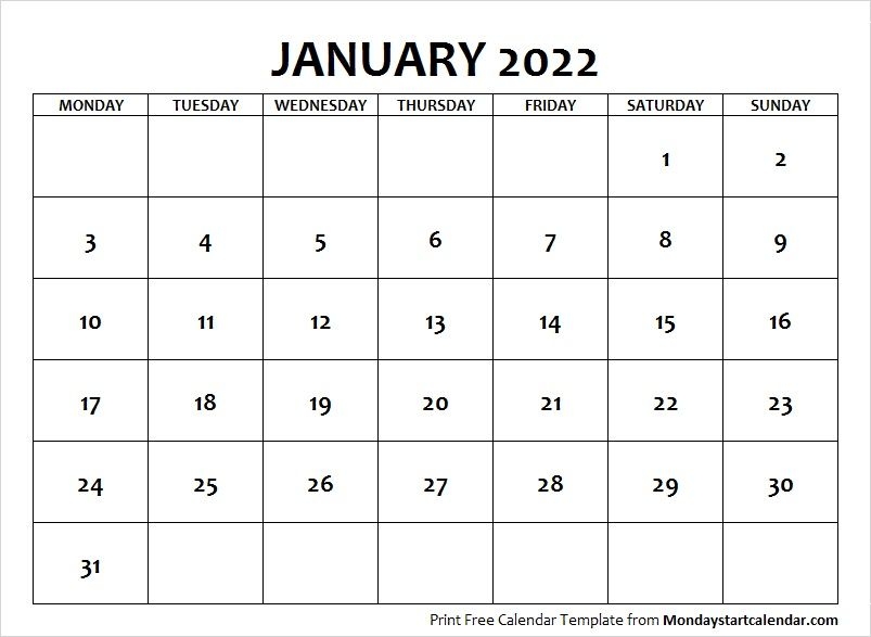 January 2022 Calendar Monday Start | January Month Template