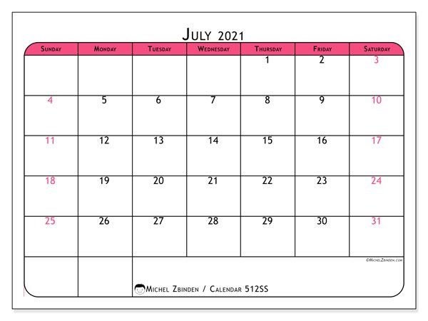 July 2021 Calendars "sunday Saturday" Michel Zbinden En