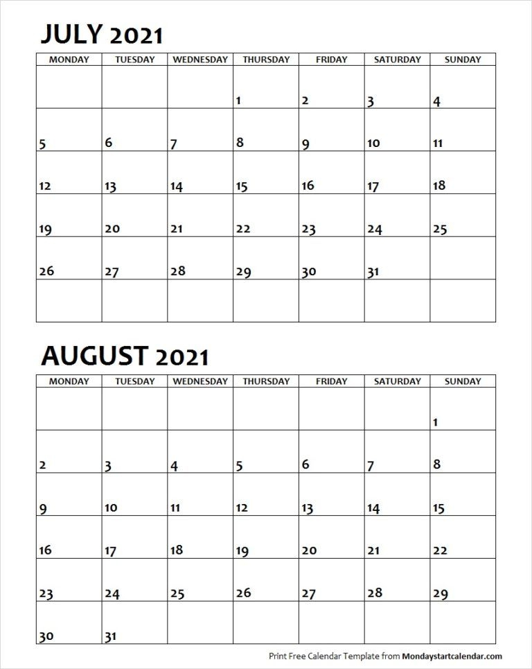 july august 2021 calendar monday start | editable two