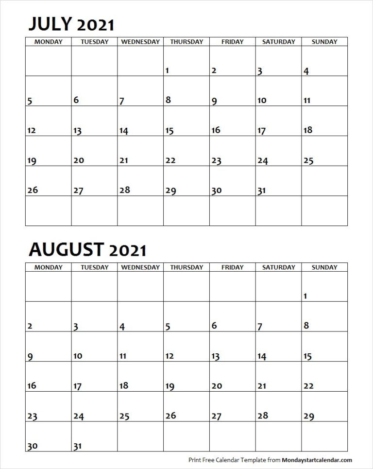 July August 2021 Calendar Monday Start | Editable Two