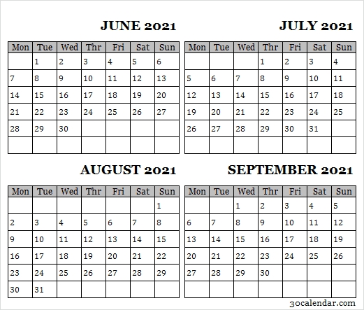 Jun To Sep 2021 Calendar Excel June 2021 Calendar Editable