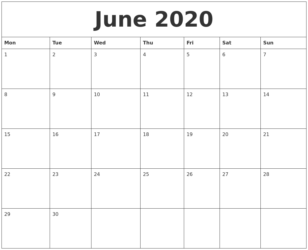 June 2020 Create Calendar