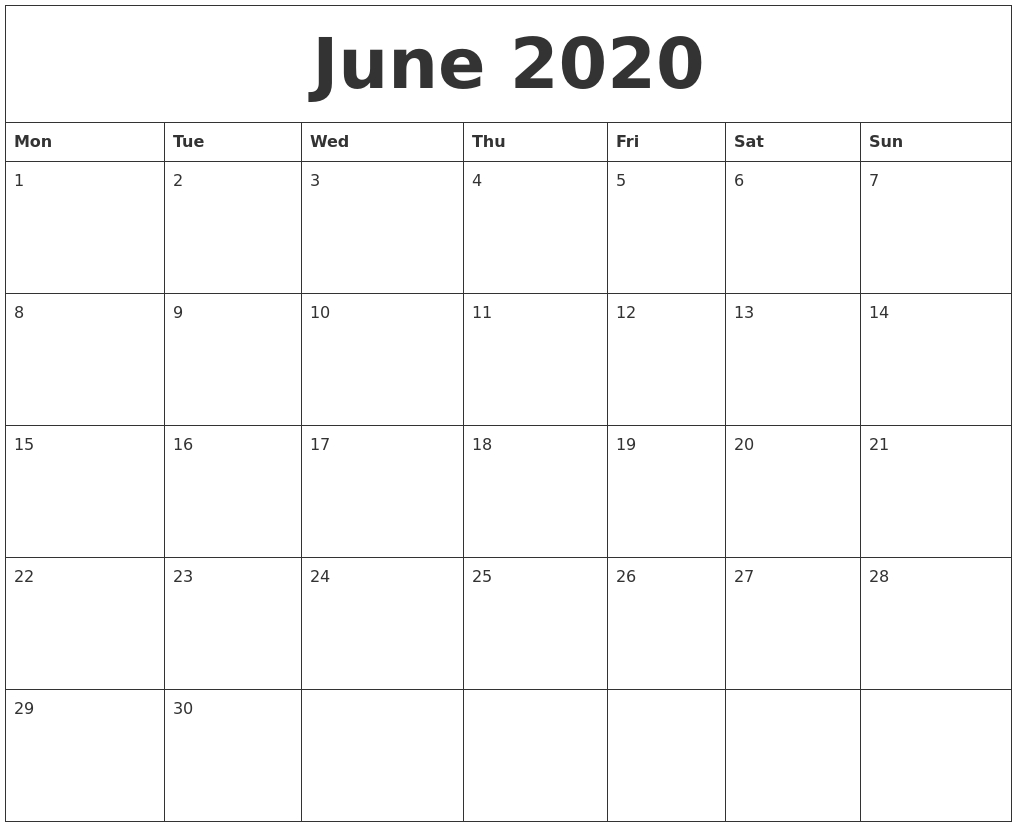 june 2020 create calendar