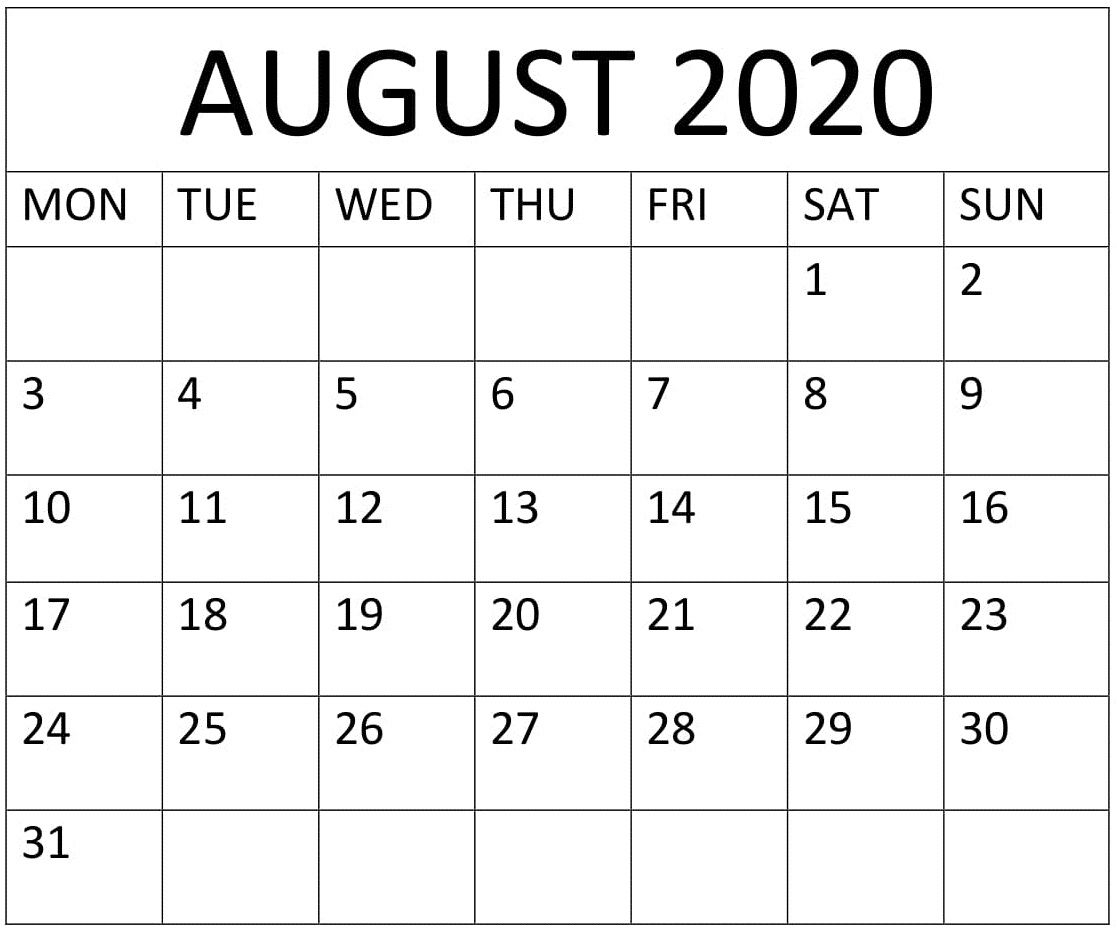Large Print Calendar 2020 August | Example Calendar Printable