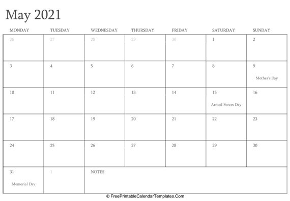 may 2021 editable calendar with holidays and notes