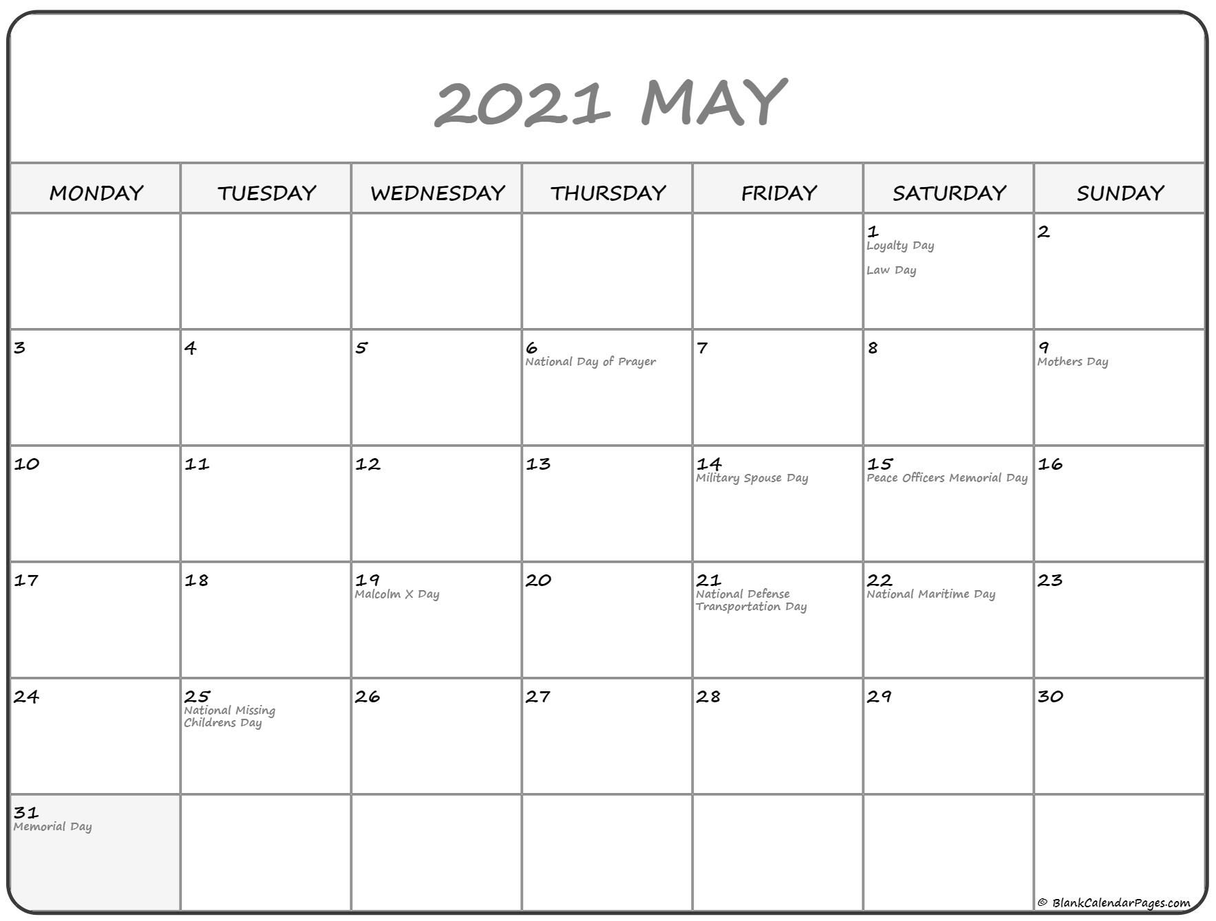 may 2021 monday calendar | monday to sunday