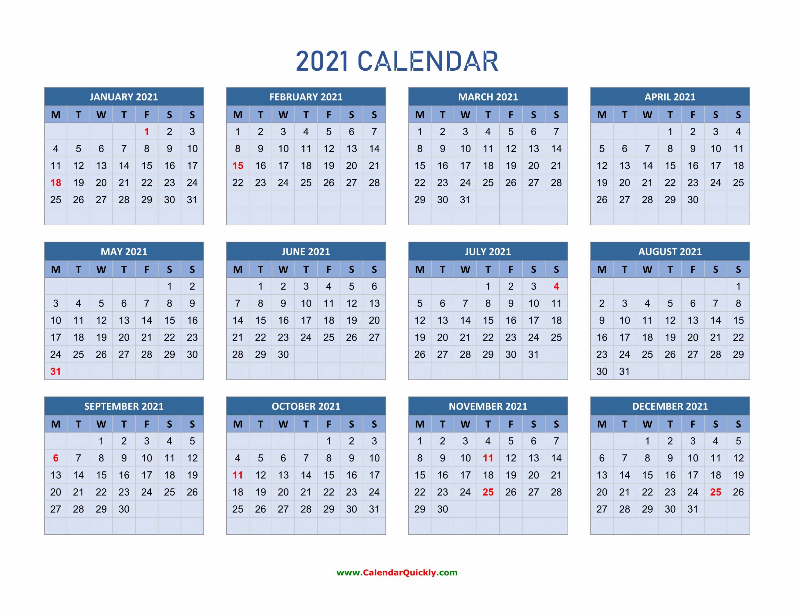 monday 2021 calendar horizontal | calendar quickly