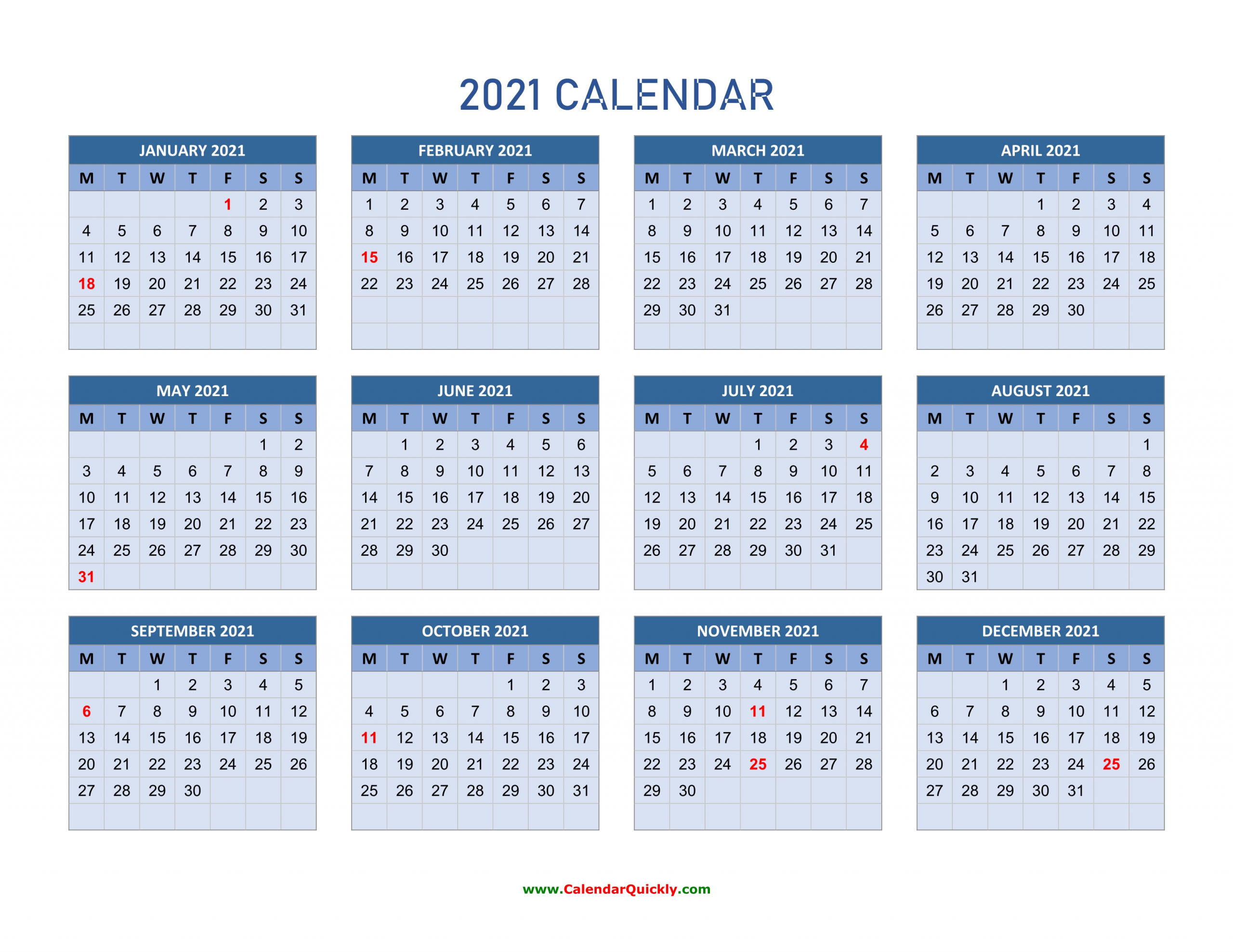 Monday 2021 Calendar Horizontal | Calendar Quickly