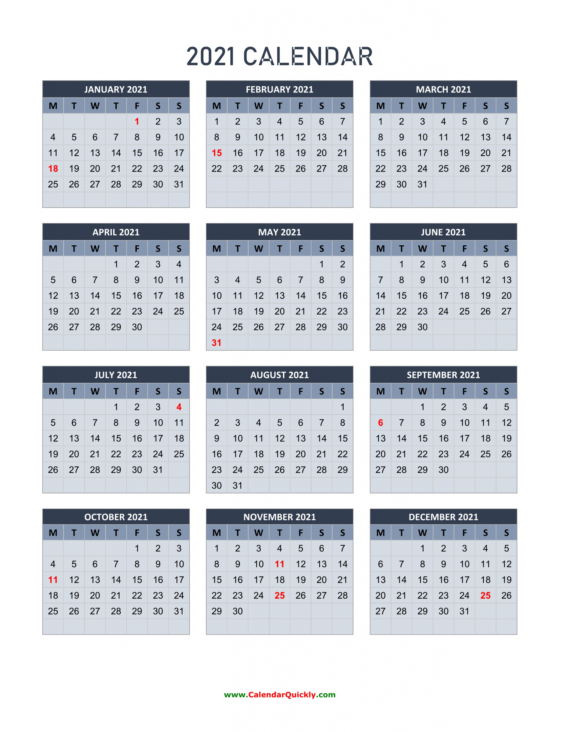 monday 2021 calendar vertical | calendar quickly