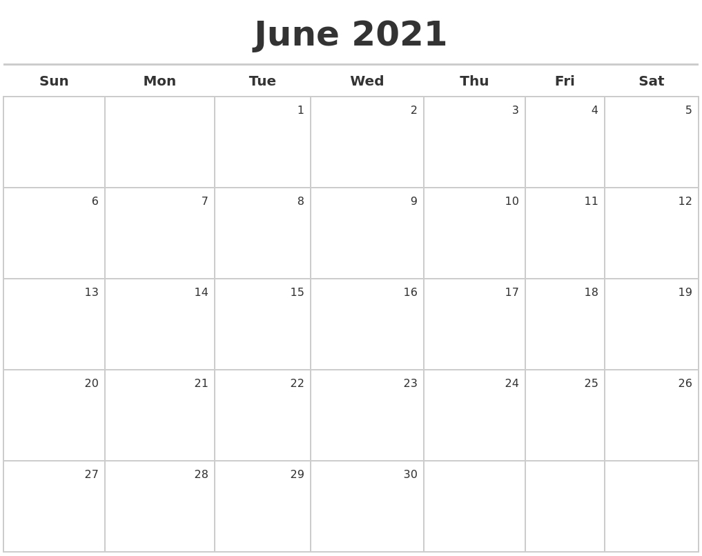 monday through friday monthly calendar june 2021