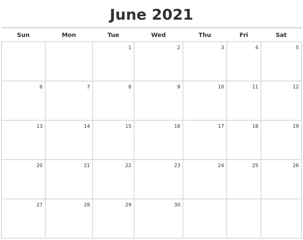 Monday Through Friday Monthly Calendar June 2021