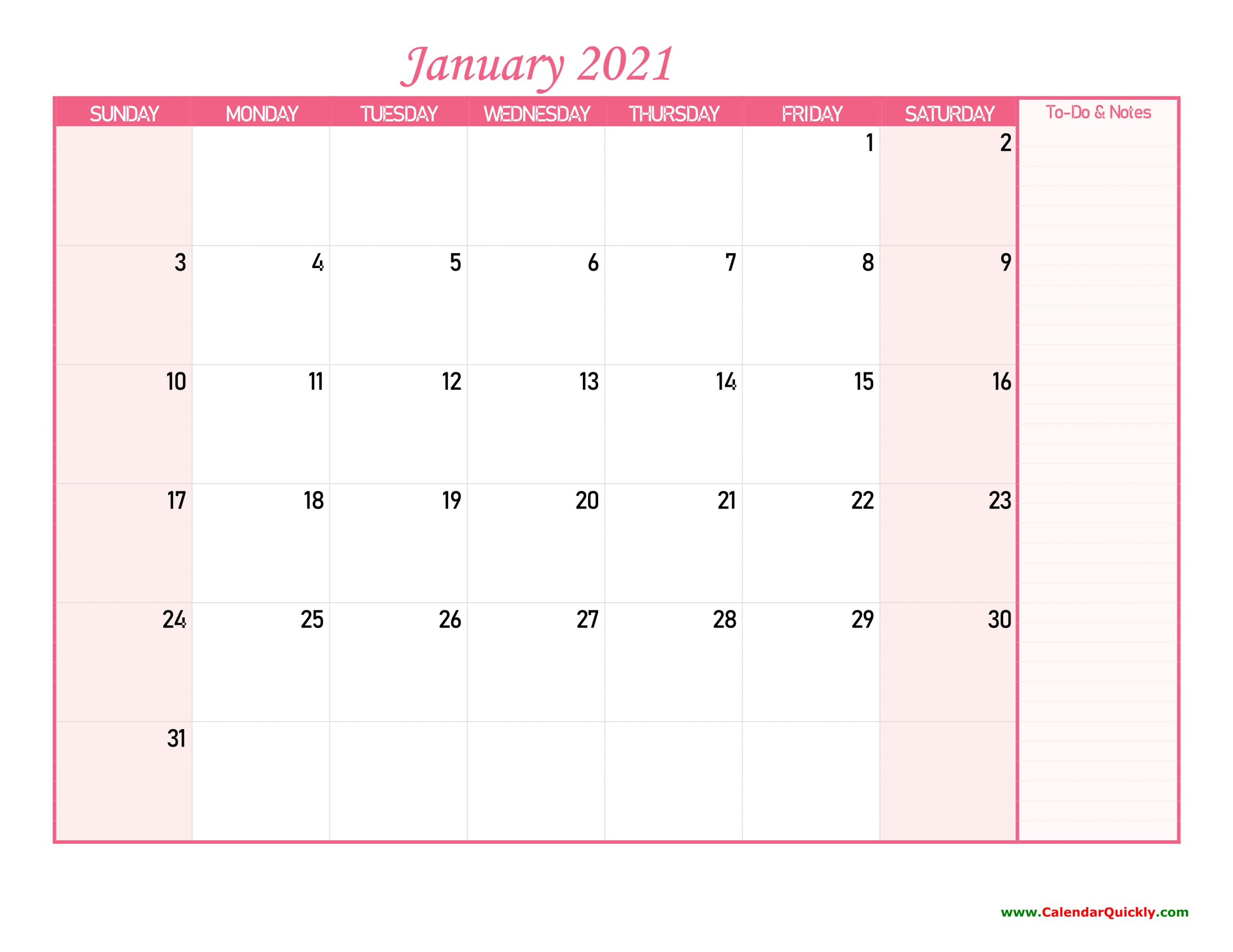 Monthly Calendar 2021 With Notes | Calendar Quickly