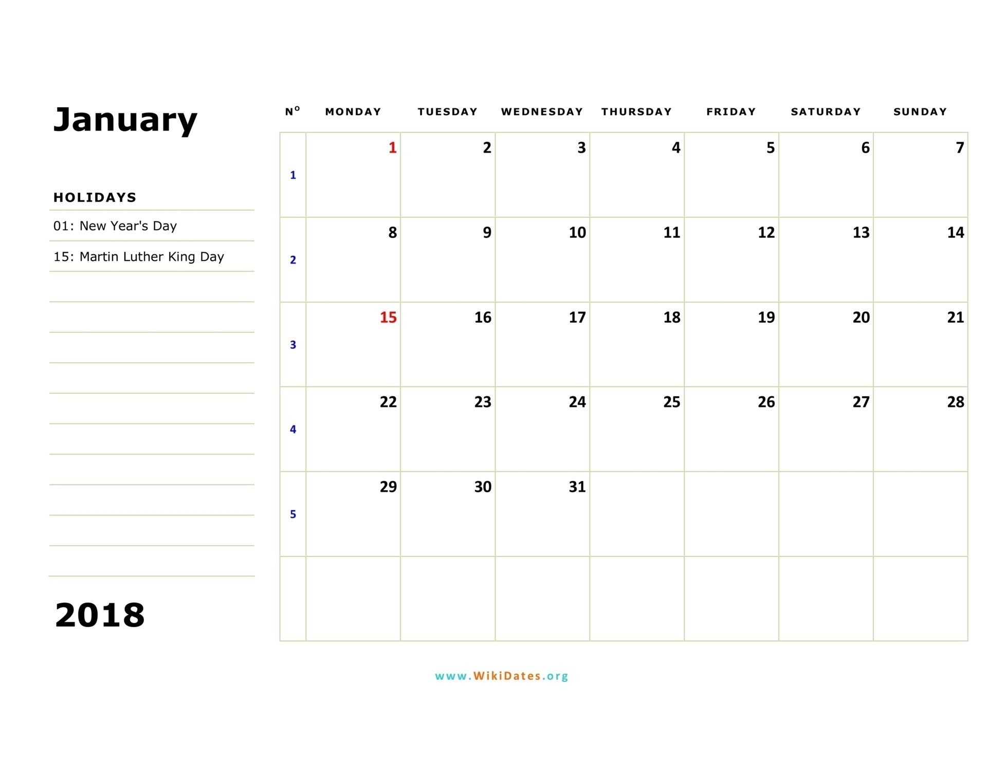 Monthly Calendar Monday Start Week | Calendar Template