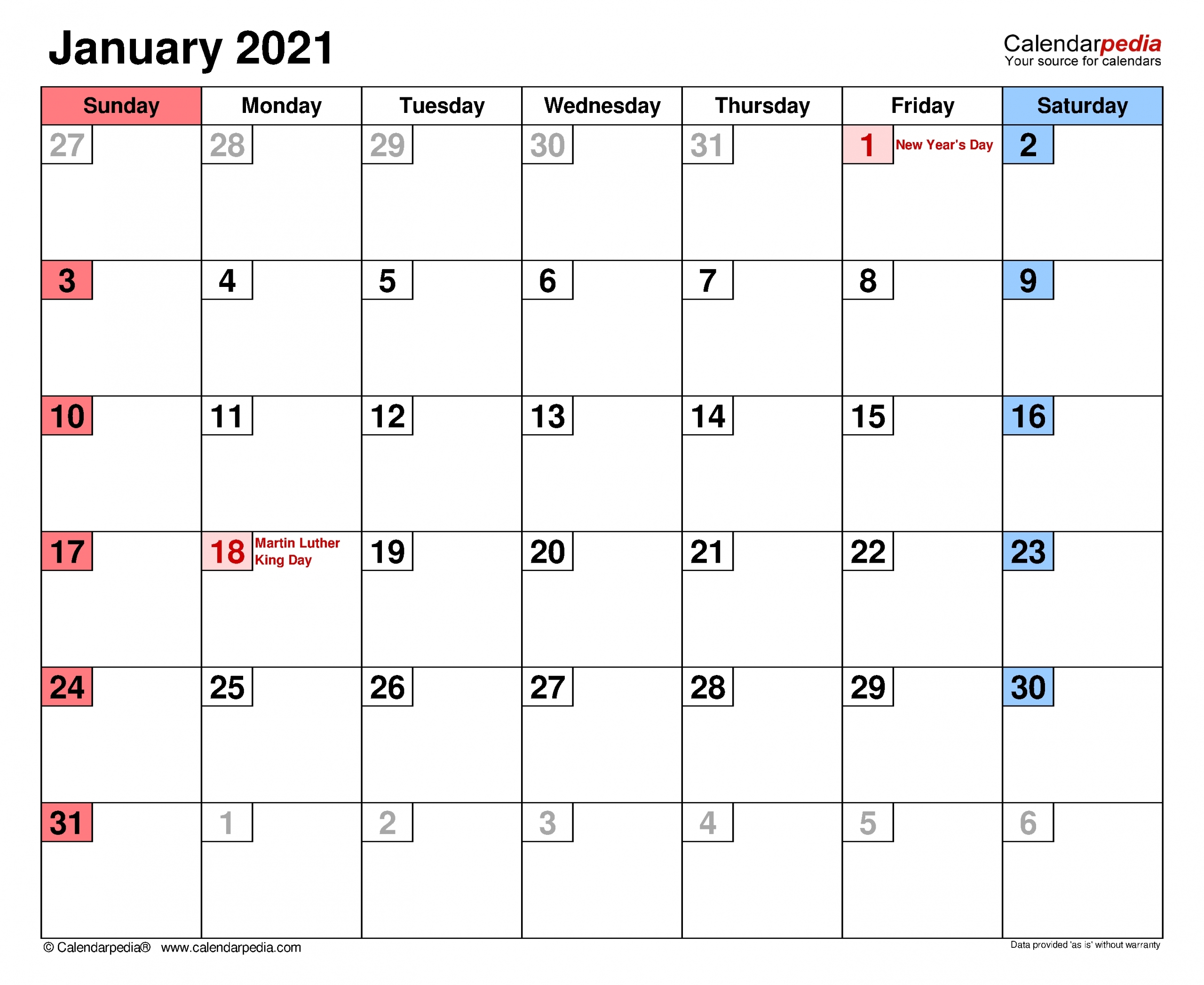 Monthly Calendar With Writing Space Printable 2021