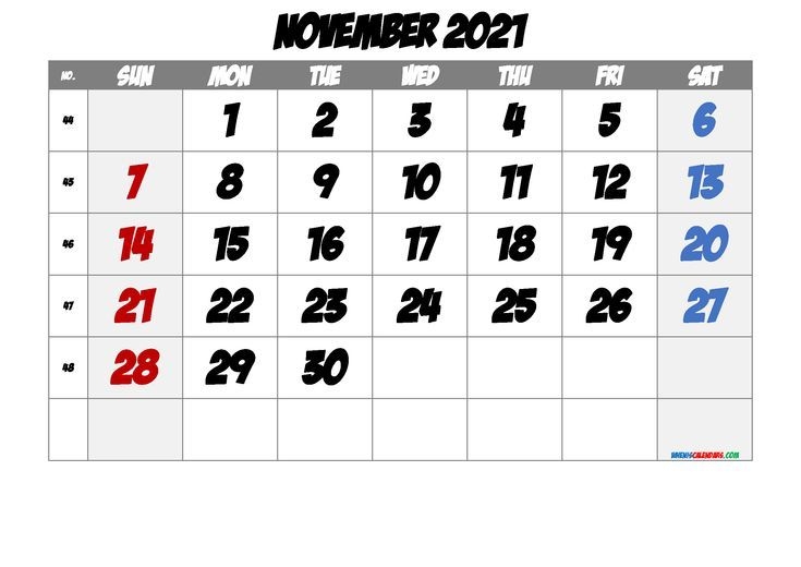 november 2021 printable calendar with week numbers [free