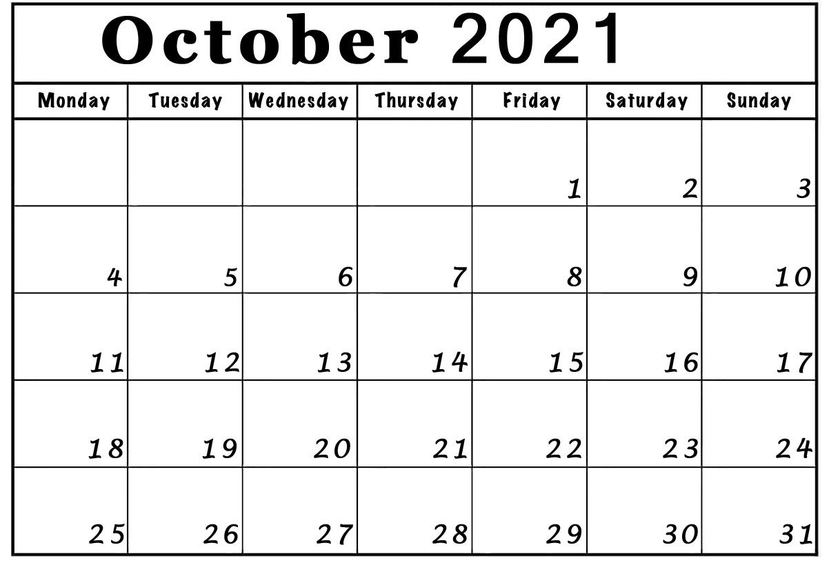 october 2021 calendar monday start to sunday blank free