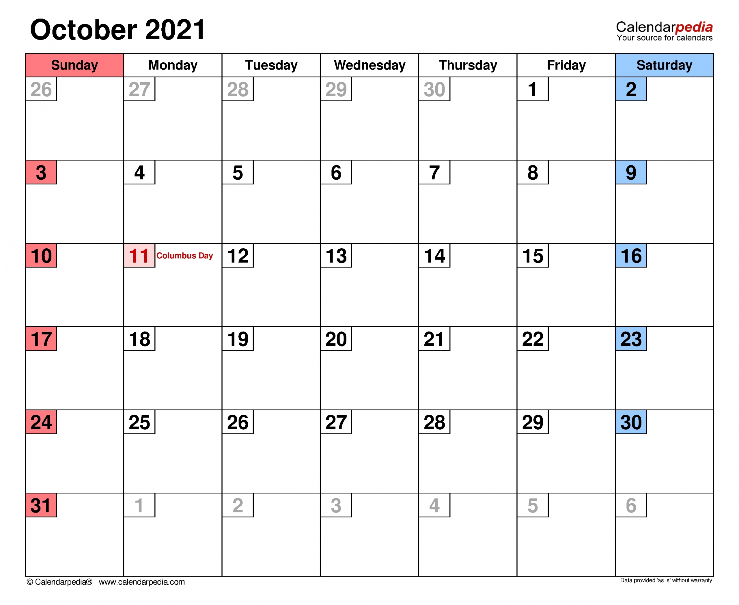 October 2021 Calendar With Writing Space Calendar