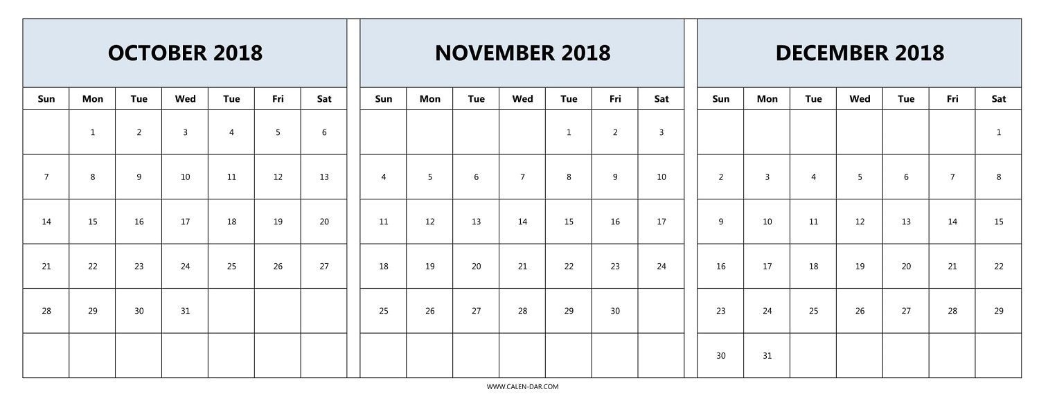 october november december calendar 2018 starting monday