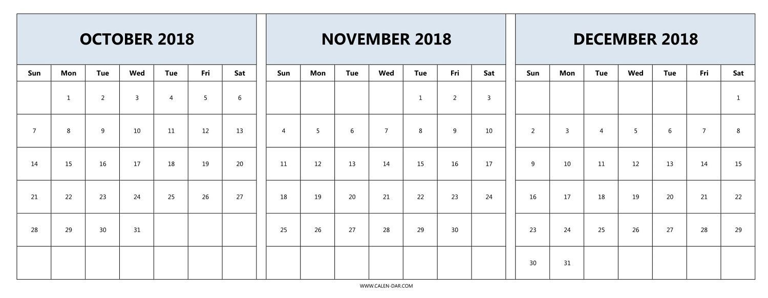 October November December Calendar 2018 Starting Monday