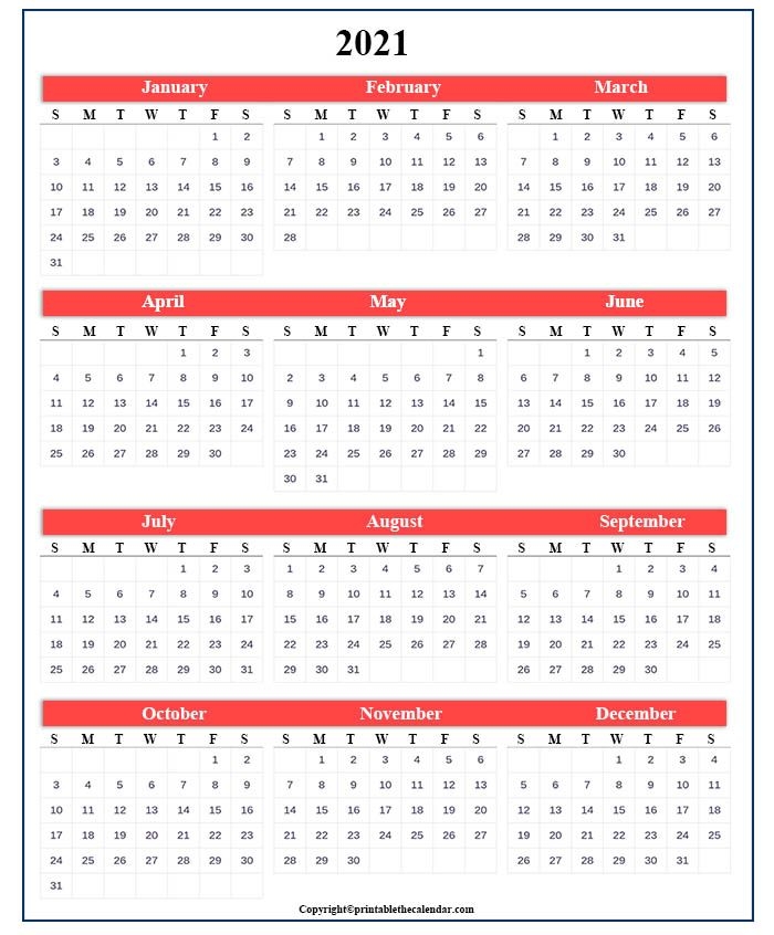 one page calendar 2021 [free printable template