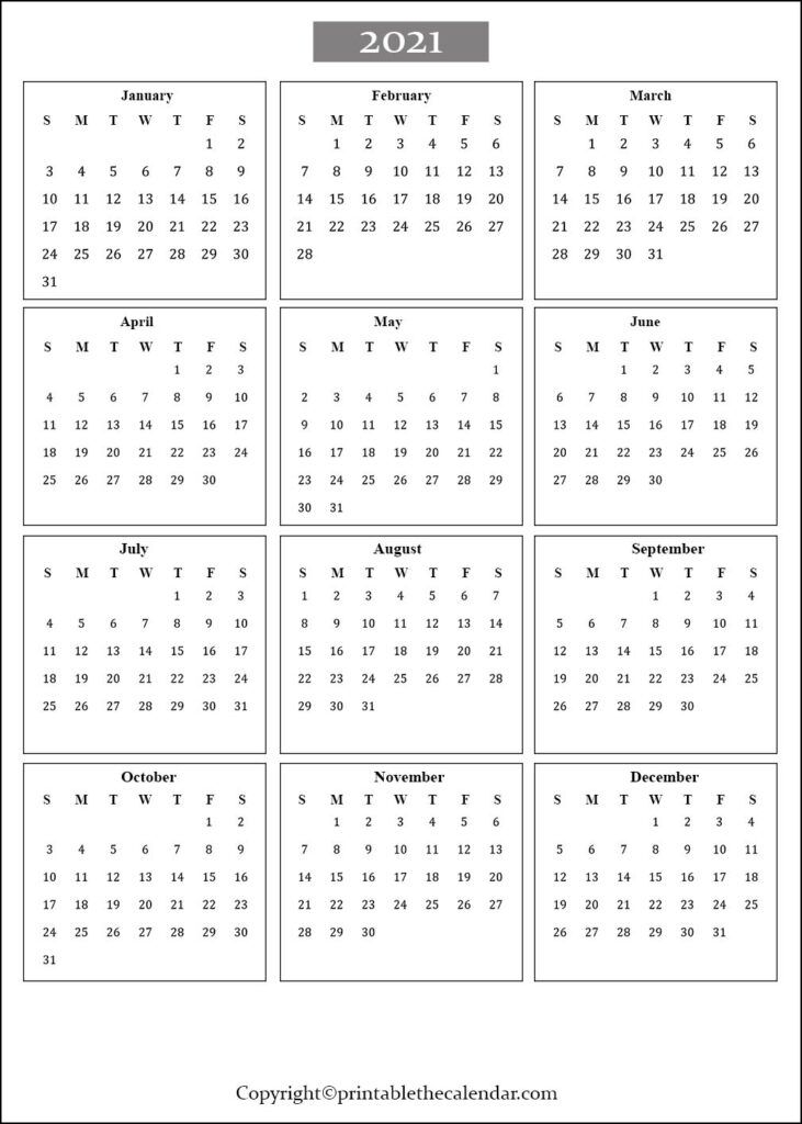 One Page Calendar 2021 [free Printable Template