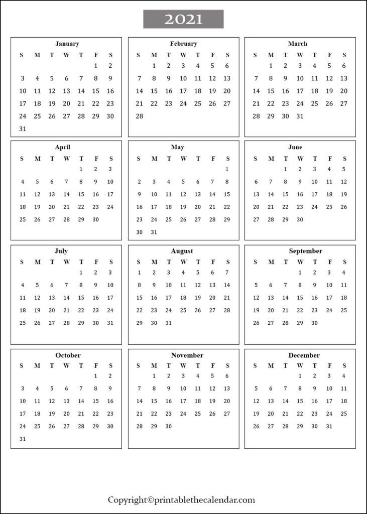 one page calendar 2021 [free printable template