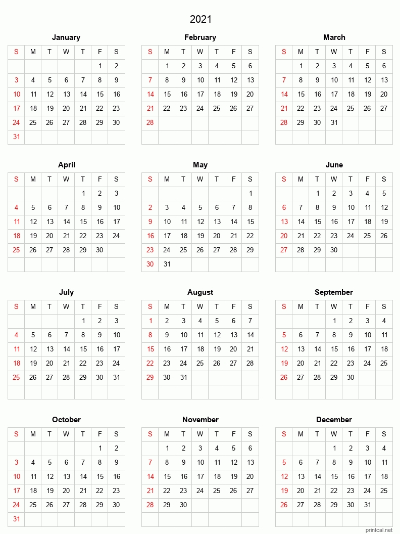 print free 2021 yearly calendar with boxes | calendar