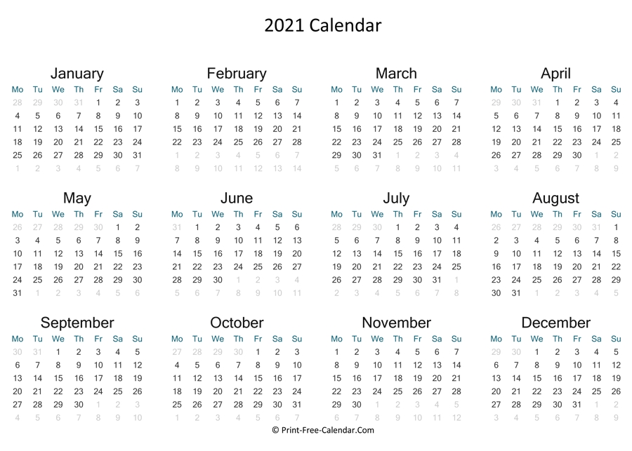 Print Free Calendar 2021