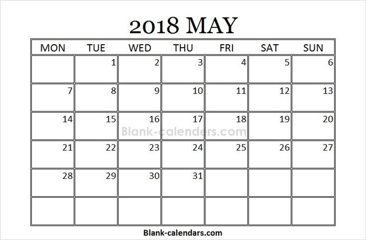 Print Free May 2018 Calendar Monday Start Blank Editable