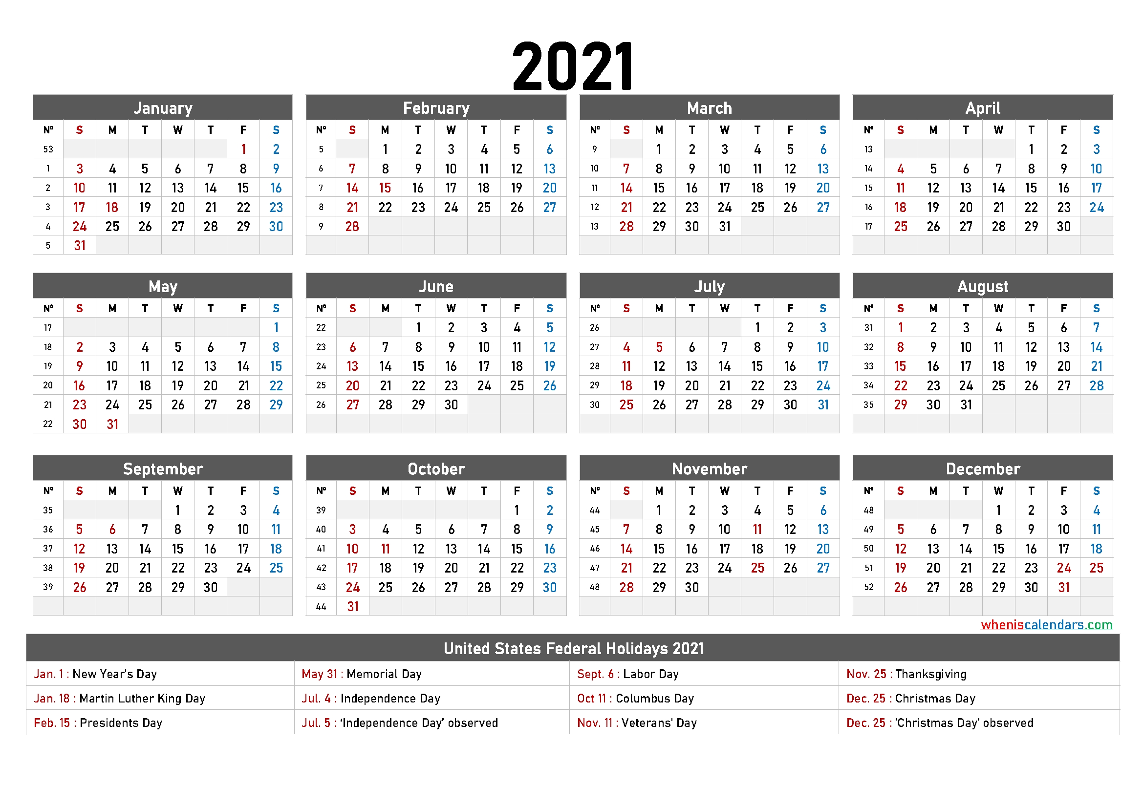 Printable 2021 Calendar One Page 6 Templates Free