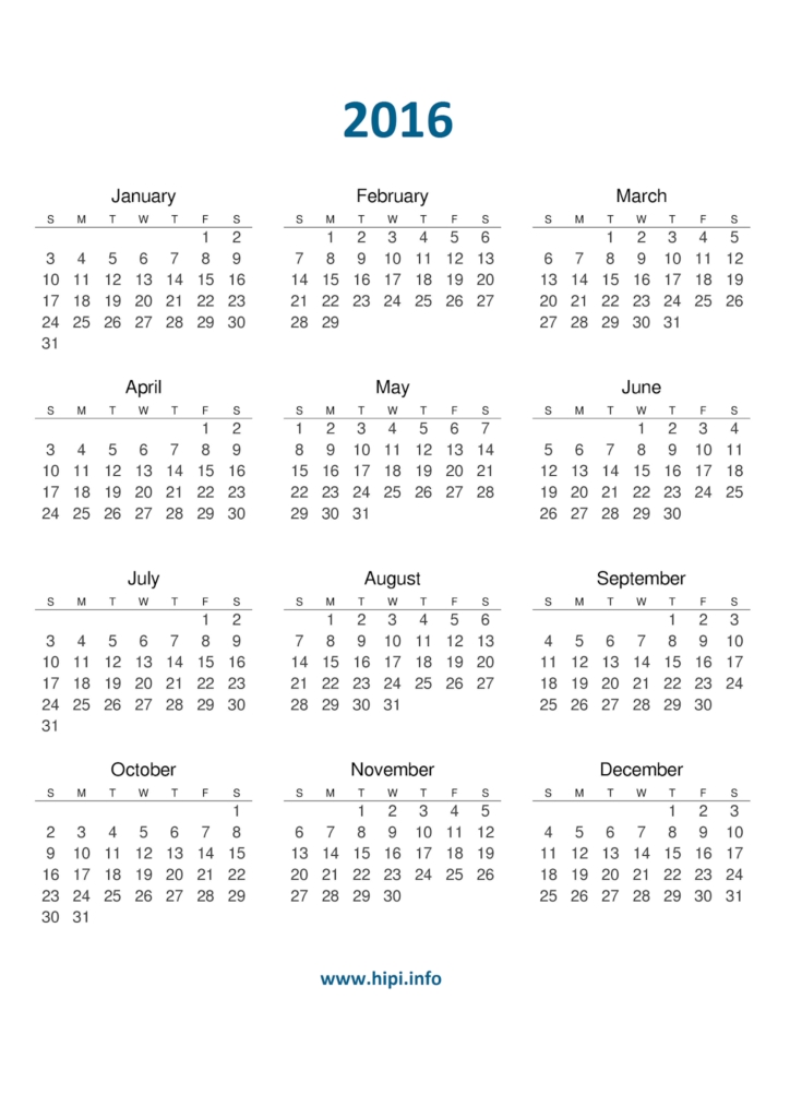 Printable Calendar 2016 A4 Paper Size Free Download