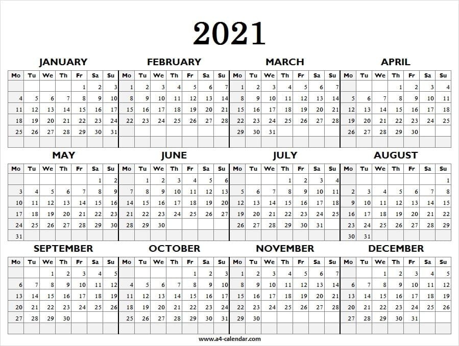 Printable Calendar 2021 Monday Start A4 Calendar