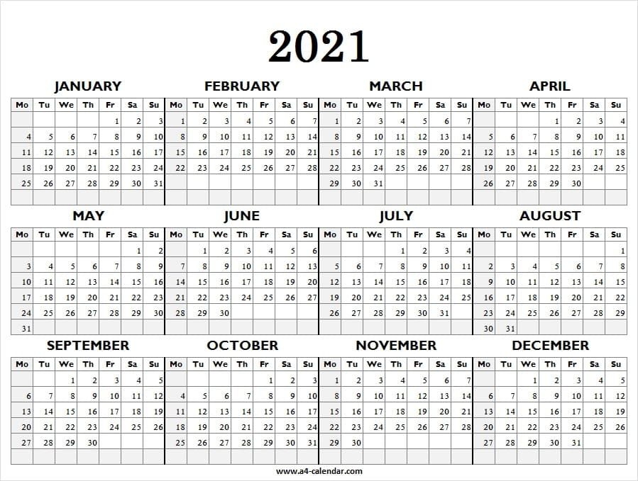 printable calendar 2021 monday start a4 calendar